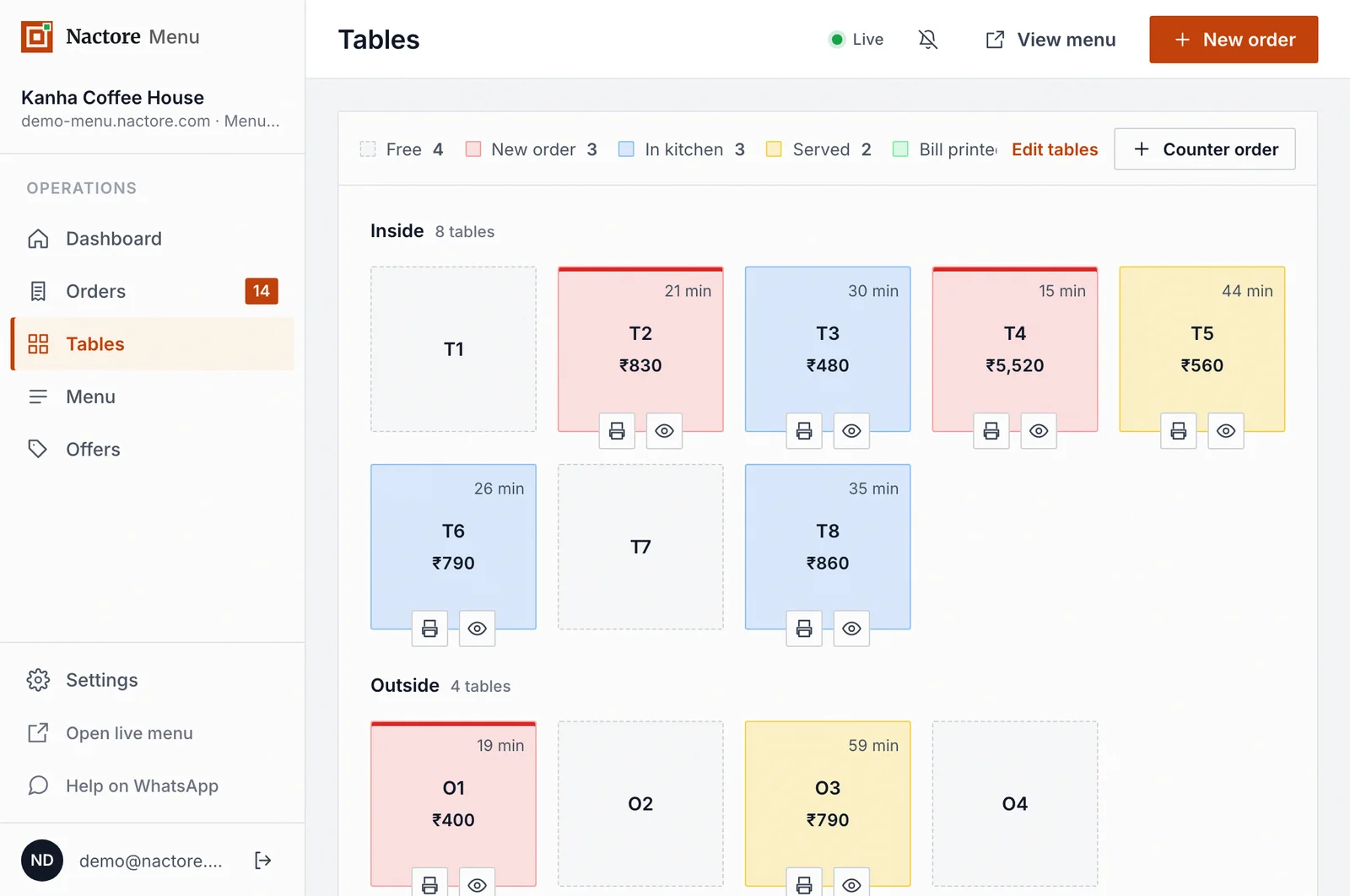 Nactore Menu Live tables screen